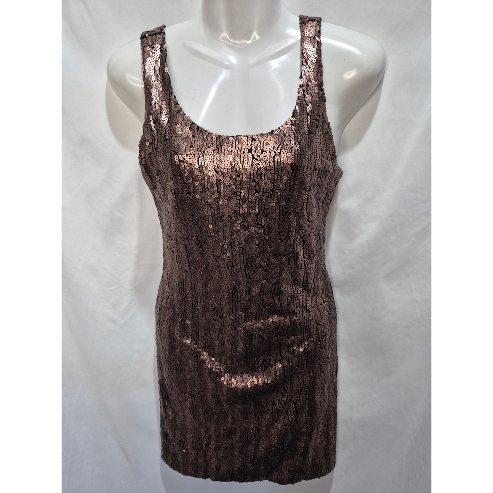 Illa Illa Bronze Sequin Bodycon Mini Dress Deep V Back Rose Gold Party S D1059